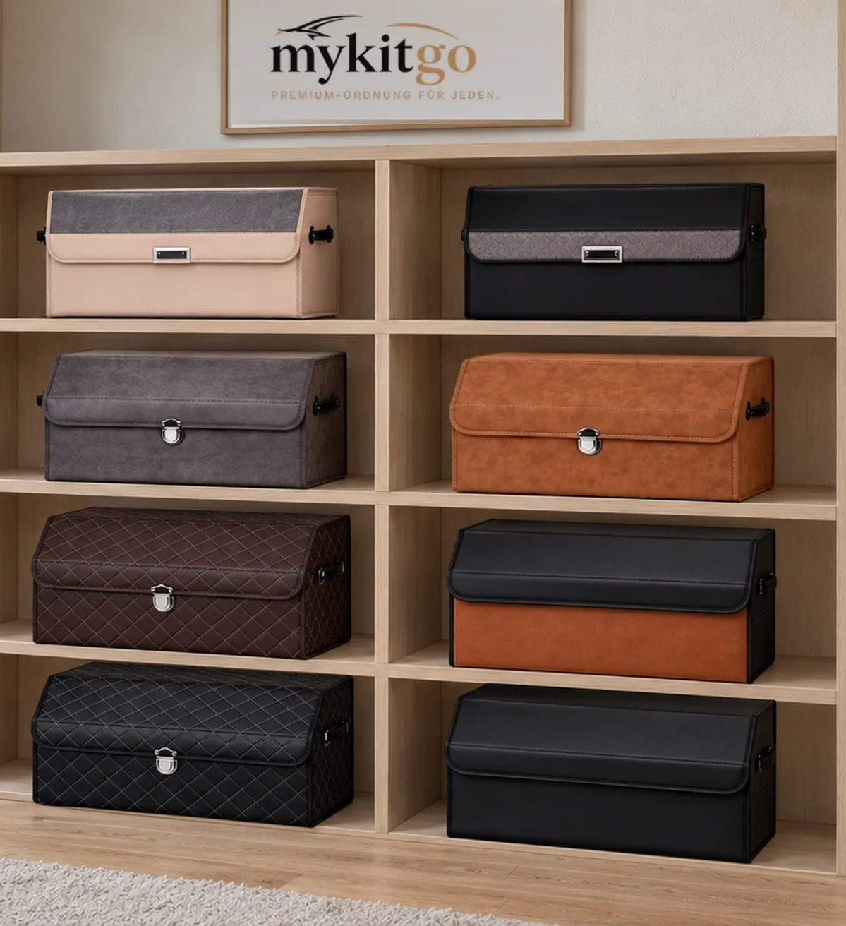 Die vier MyKitGo Kollektionen: Saffiano, Kunstwildleder, Gesteppt und Classic, je in zwei Farben